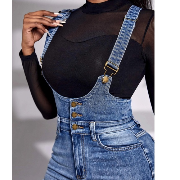 Medium Vintage Wash High waisted Skinny Jean Denim overalls - Picture 3 of 7